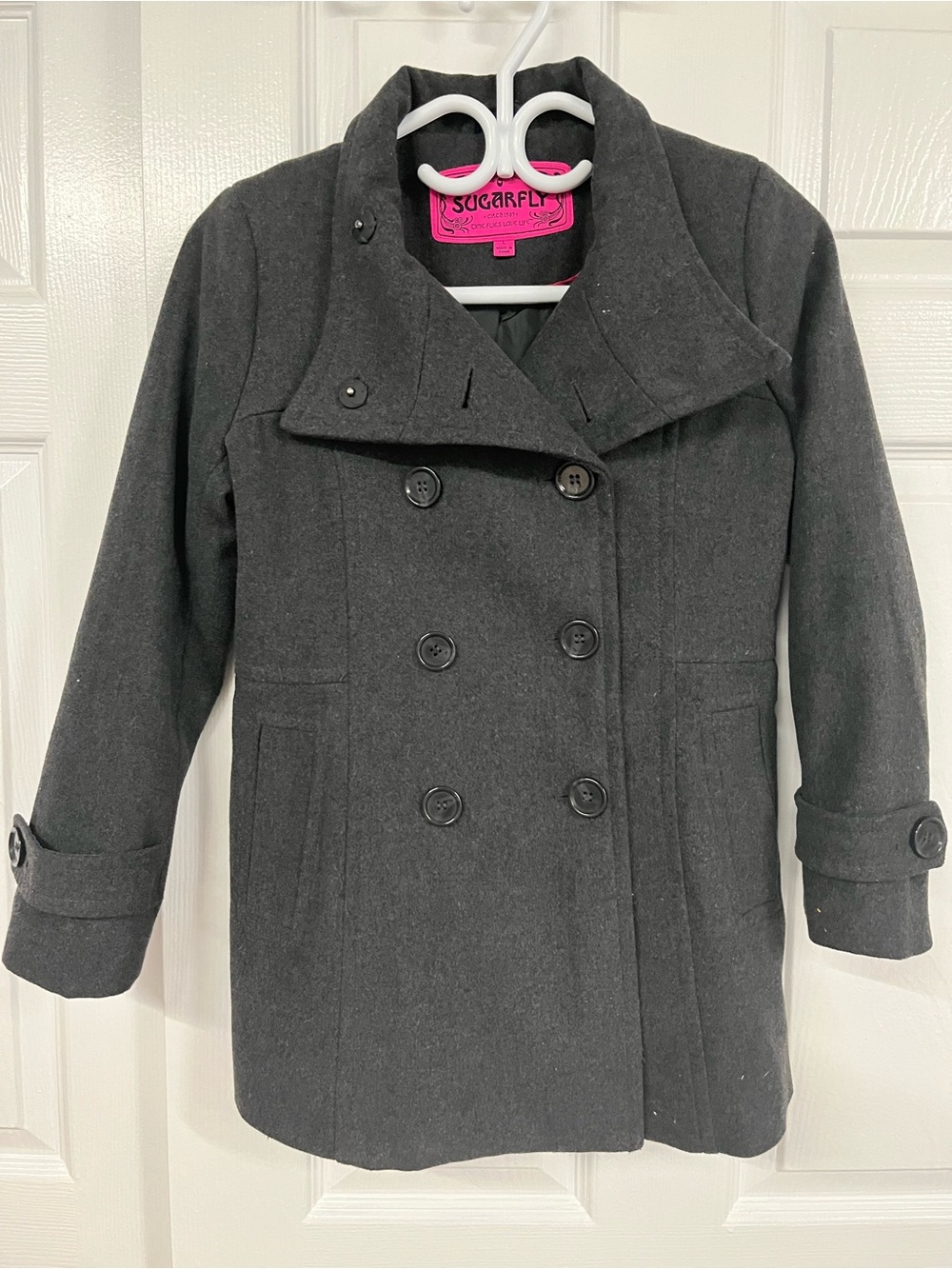 Sugarfly Girls Charcoal Grey Wool Blend Double Breasted Pea Coat Sz L 14/16
